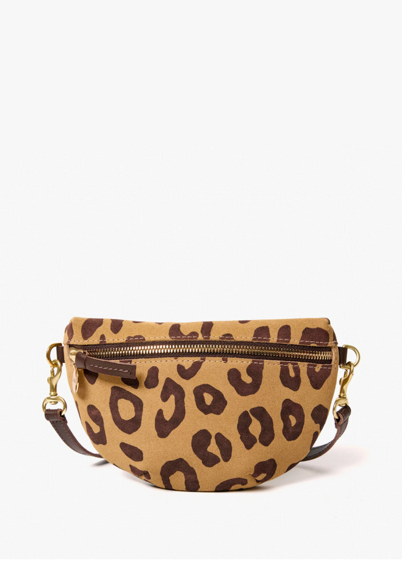 Leopard print fanny pack with gold zipper on a white background