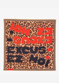 Leopard print scarf with colorful text on a white background