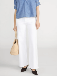 Person wearing a blue shirt, white pants, and holding a straw bag on a plain background