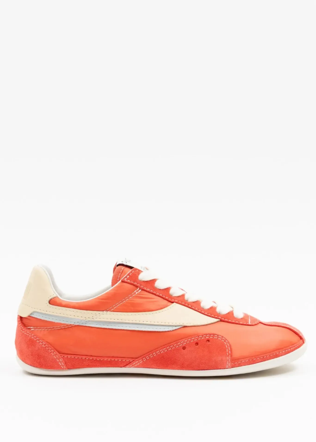 Orange sneaker with white accents on a white background