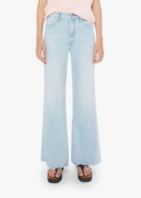 Light blue jeans worn by a person on a white background
