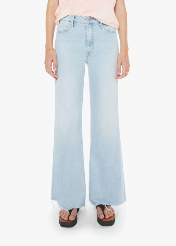 Light blue jeans worn by a person on a white background