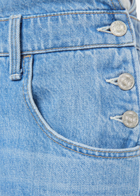 Close-up of blue denim jeans with button and zipper details