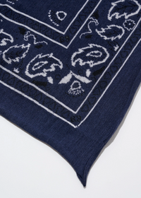 Navy blue bandana with white paisley patterns on a white background