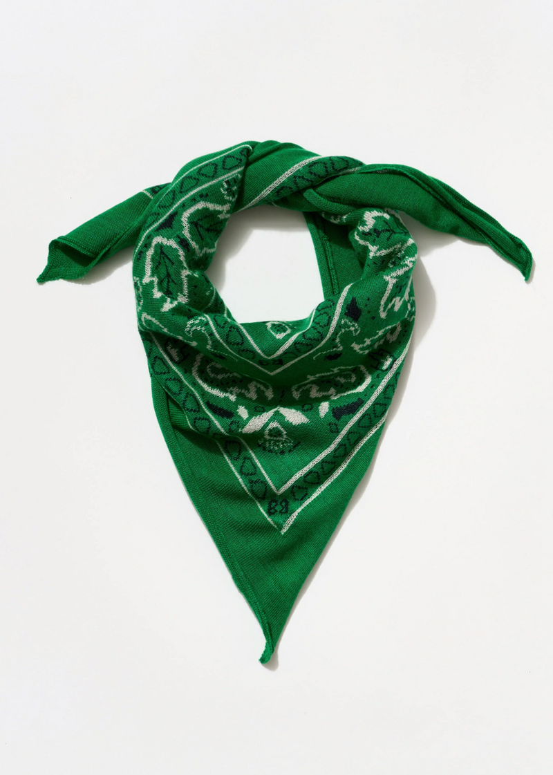 Green bandana with white patterns on a white background