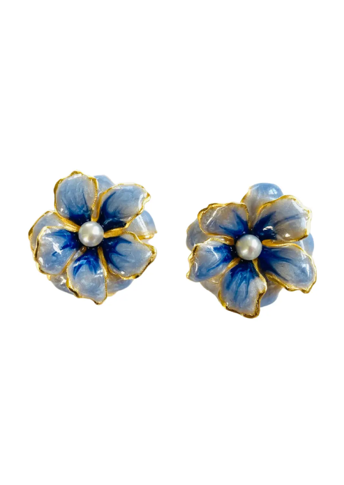 Small Double Floral jEarrings in Blue Pearl