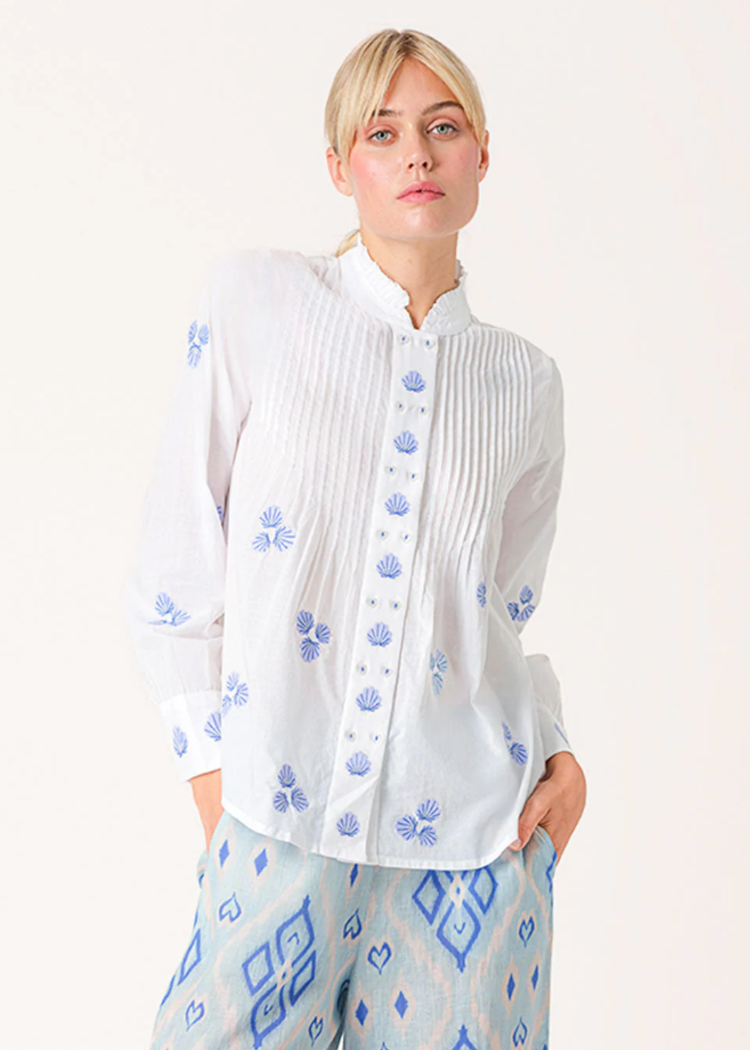 Nevis Mint Blouse Blue Shells Embroidery