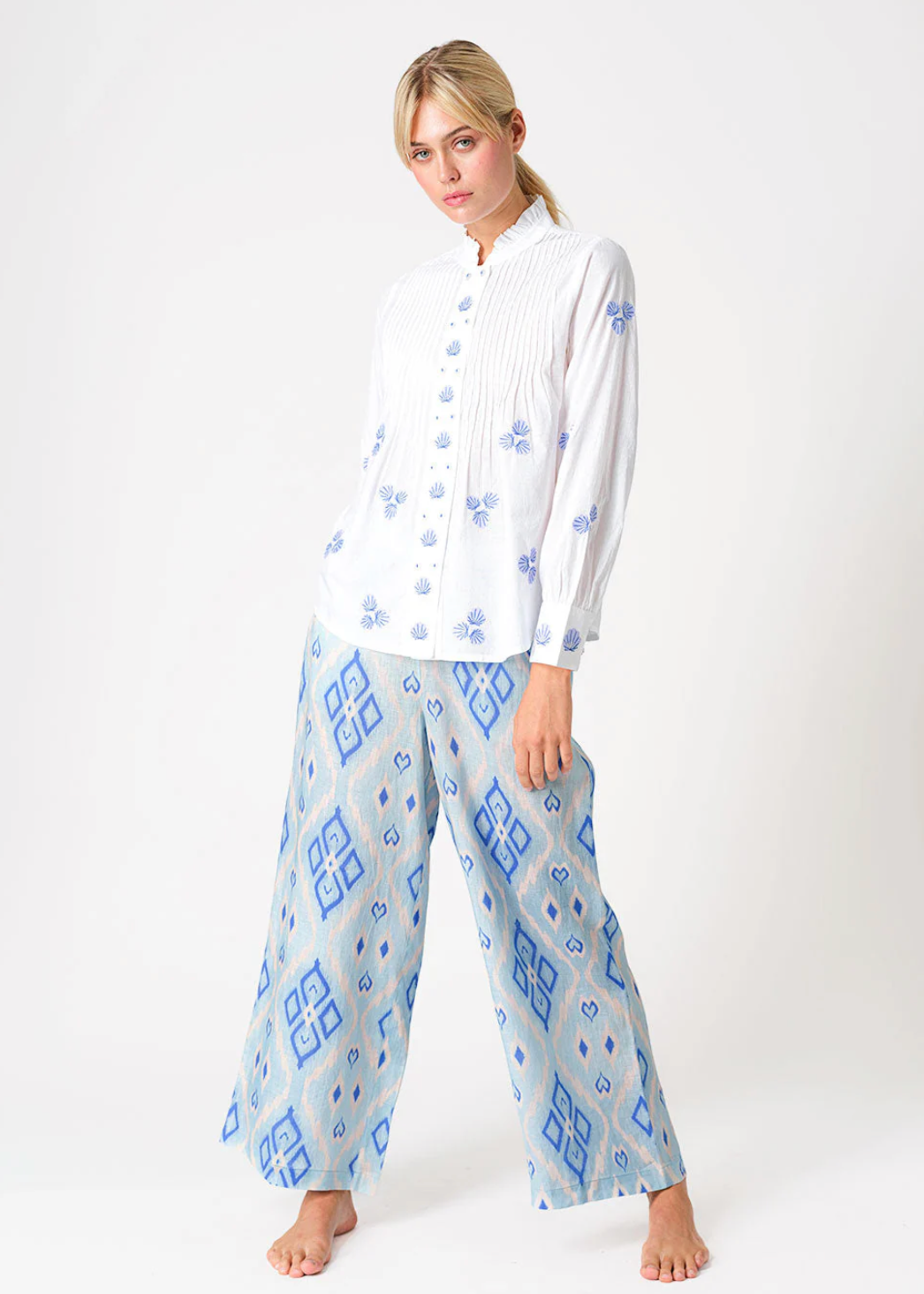 Nevis Mint Blouse Blue Shells Embroidery