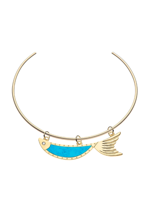 Jane Win STRONG Keep Swimming Fish Pendant Neck Cuff