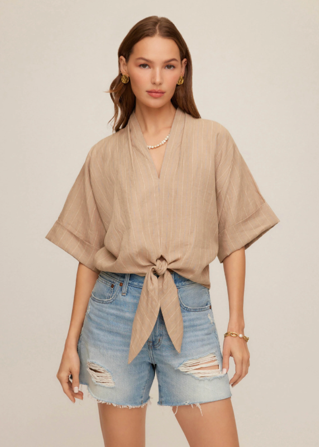 Cuffed Sleeve Tie Front Stripe Top