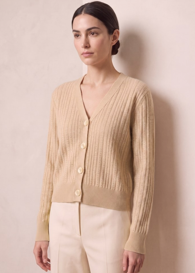 Oatmeal V-Neck Crystal Cardigan