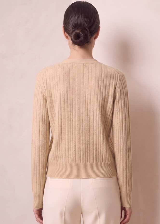 Oatmeal V-Neck Crystal Cardigan