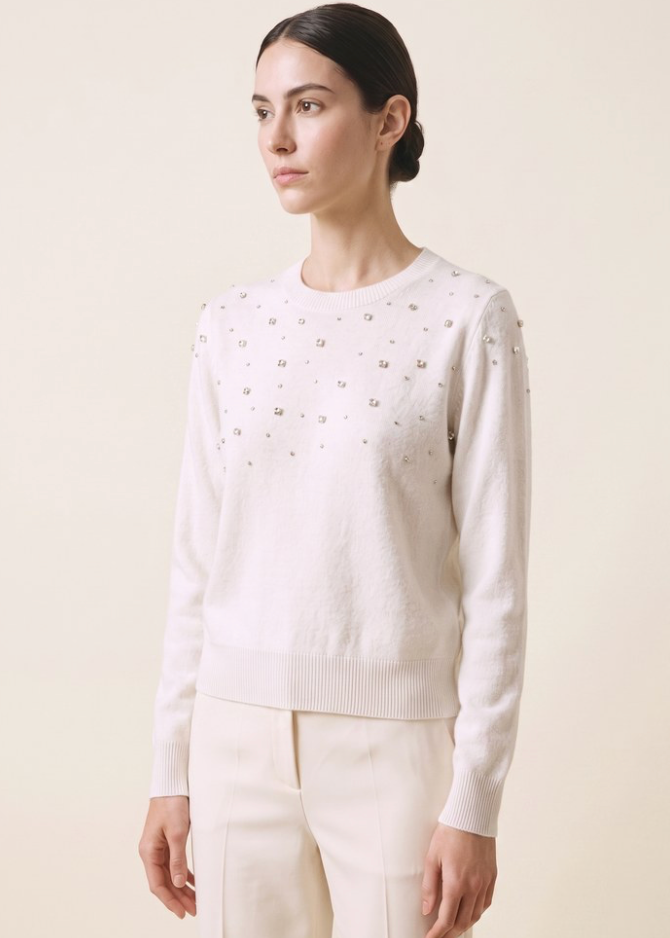 White Rhinestone Crewneck Sweater