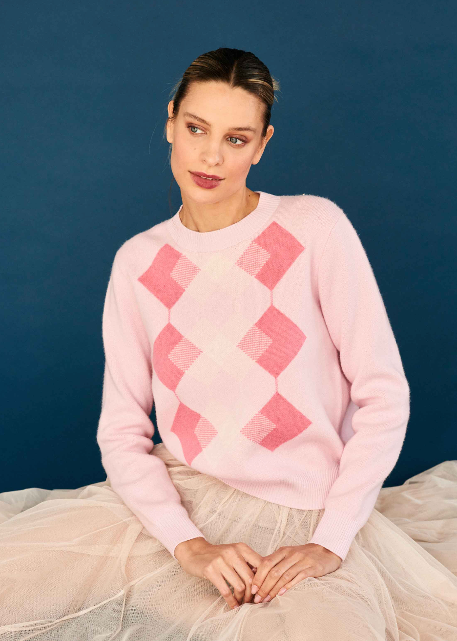 Jumper 1234 Faded Argyle Crew in Pink