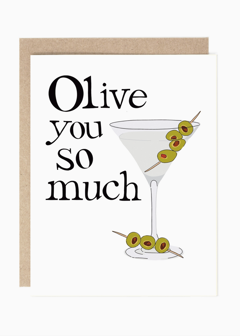 A greeting card with a kraft envelope, featuring the text 'Olive you so much' in black serif font next to an illustration of a martini glass with green olives on a white background.