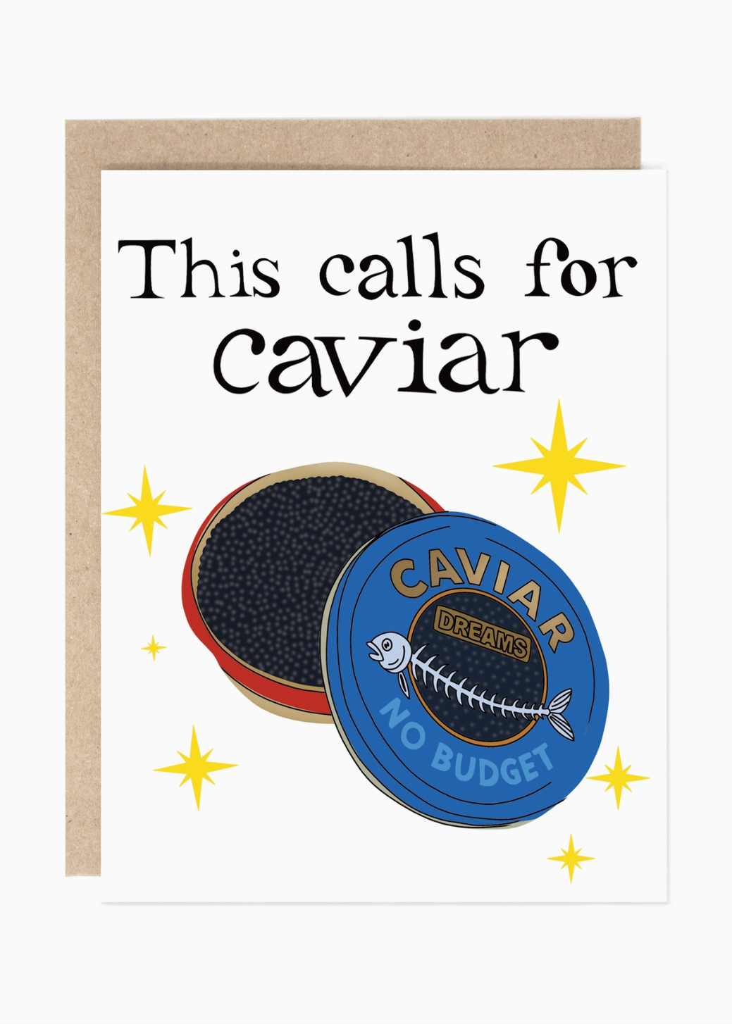 A white greeting card with a kraft envelope behind it, featuring the text 'This calls for caviar' above two illustrated round caviar containers, one blue and one dark/black with a red rim, plus yellow star accents.
