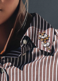 Close-up of a person wearing a brown and white striped button-down shirt with a decorative brooch pinned to the collar.