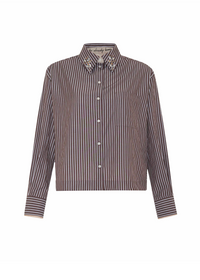 A long-sleeve button-up shirt with vertical stripes in brown, beige, and white, featuring a pointed collar with decorative embroidered details and white buttons.