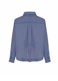 A blue and white vertically striped long-sleeve button-up shirt shown from the back, displayed on a clean white background.