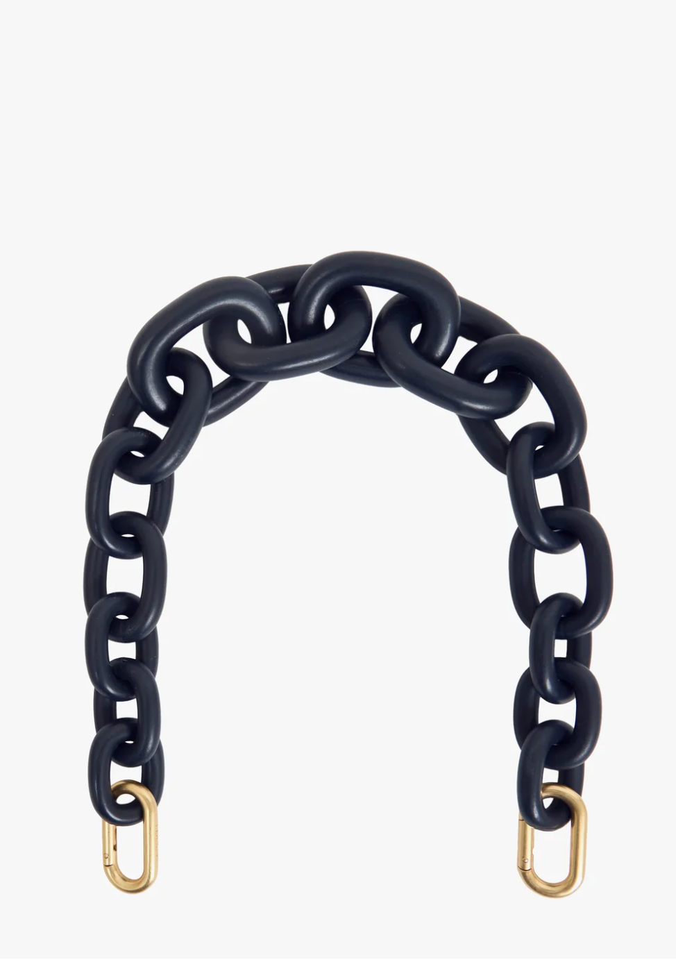 A chunky chain link belt in a dark navy blue color, featuring gold-toned metal hardware at the ends, displayed on a clean light gray background.