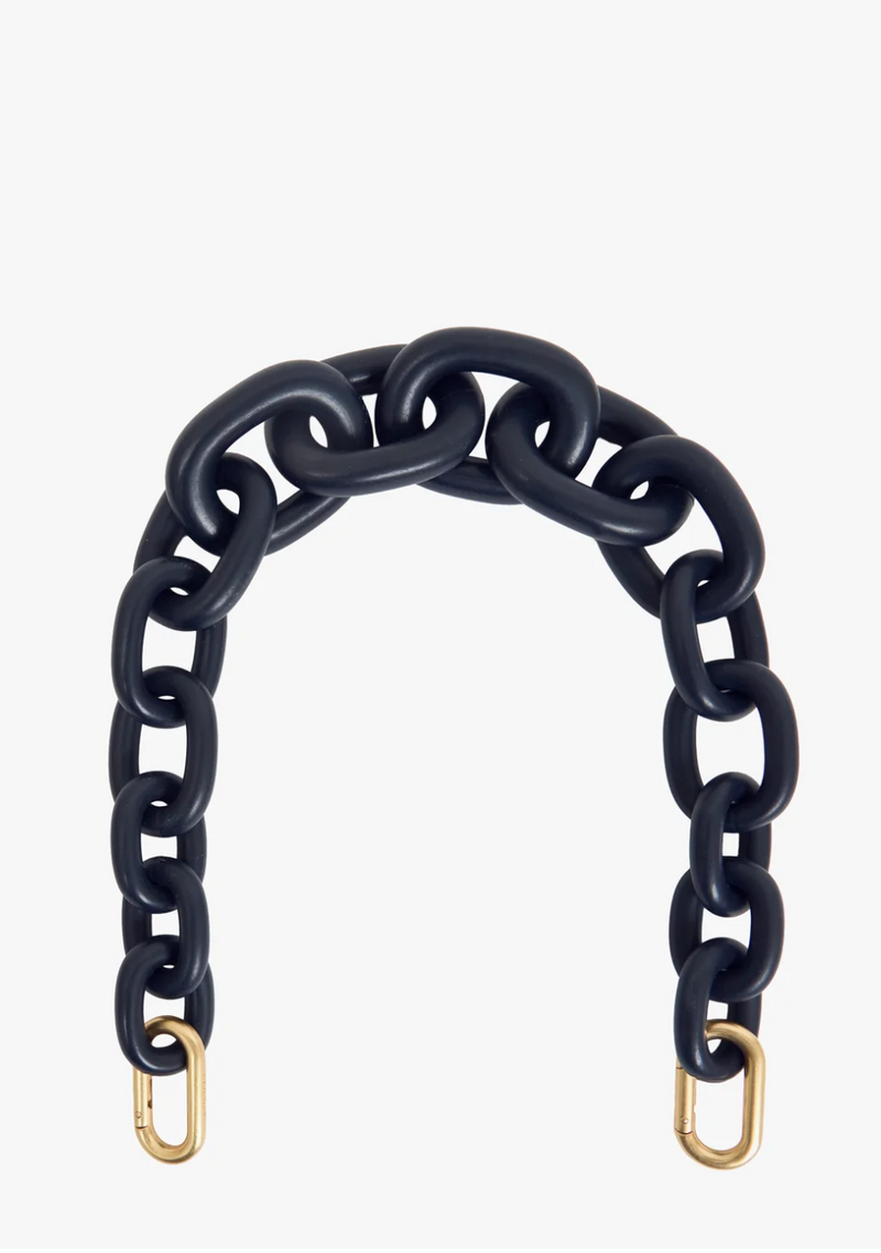 A chunky chain link belt in a dark navy blue color, featuring gold-toned metal hardware at the ends, displayed on a clean light gray background.