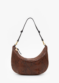 A brown snakeskin-patterned crescent shoulder bag with a black adjustable strap and gold-tone hardware, shown against a plain white background.