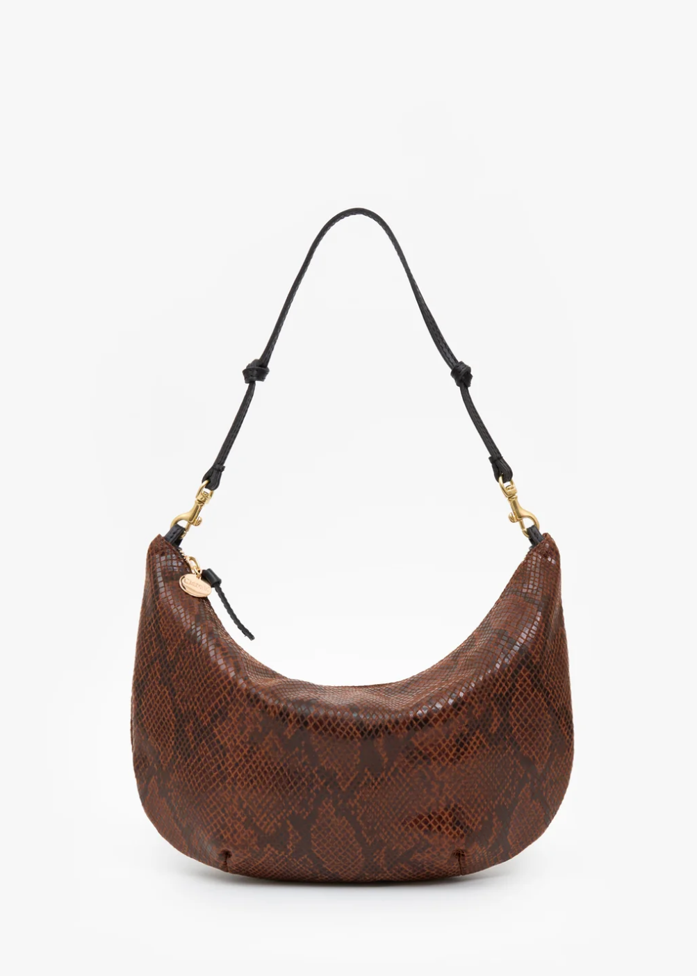A brown snakeskin-patterned crescent shoulder bag with a black adjustable strap and gold-tone hardware, shown against a plain white background.