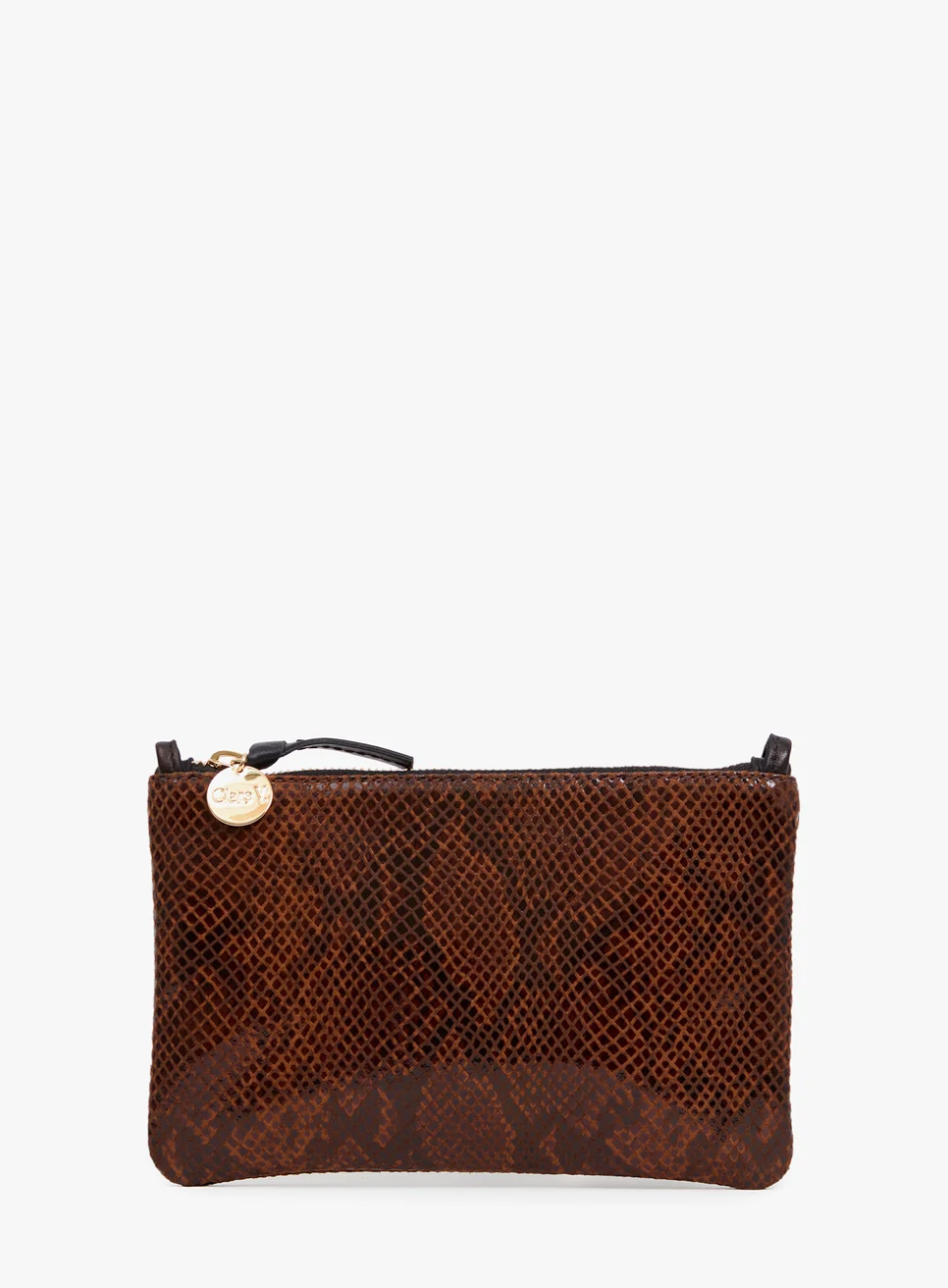 A brown snakeskin-patterned zip pouch with a small gold-tone circular charm on the zipper, photographed against a plain white background.