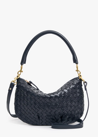 A black woven leather hobo shoulder bag with gold-tone hardware and a matching black leather strap, displayed on a clean white background.