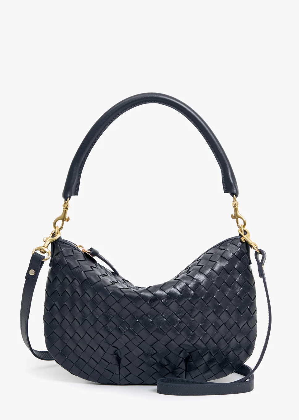 A black woven leather hobo shoulder bag with gold-tone hardware and a matching black leather strap, displayed on a clean white background.