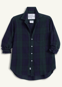 A long-sleeve button-up shirt by Frank & Eileen, featuring a dark green and navy blue plaid pattern, laid flat against a light cream background.