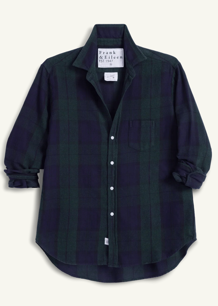 A long-sleeve button-up shirt by Frank & Eileen, featuring a dark green and navy blue plaid pattern, laid flat against a light cream background.