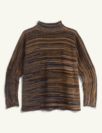 A long-sleeve knit turtleneck sweater with horizontal marled stripes in brown, black, and tan, displayed flat against a light off-white background.
