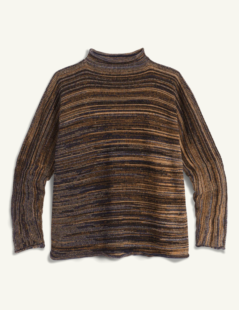 A long-sleeve knit turtleneck sweater with horizontal marled stripes in brown, black, and tan, displayed flat against a light off-white background.