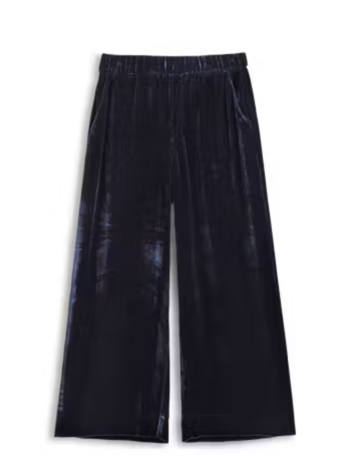 Navy wide-leg cropped pants with a subtle sheen and vertical seam details, shown flat against a white background.