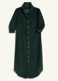 A dark forest green corduroy shirt dress with a button-down front, collar, and chest pocket, shown flat against a light off-white background.
