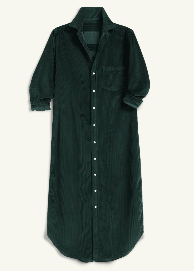 A dark forest green corduroy shirt dress with a button-down front, collar, and chest pocket, shown flat against a light off-white background.
