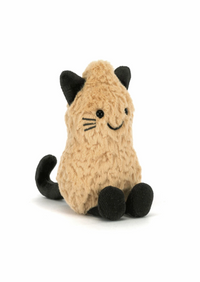 A plush cat toy in a textured tan fabric with black ears, paws, and tail, sitting against a plain white background.
