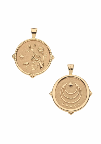 Two gold oval pendant charms on a plain white background, showing the front and back designs of a medallion pendant.