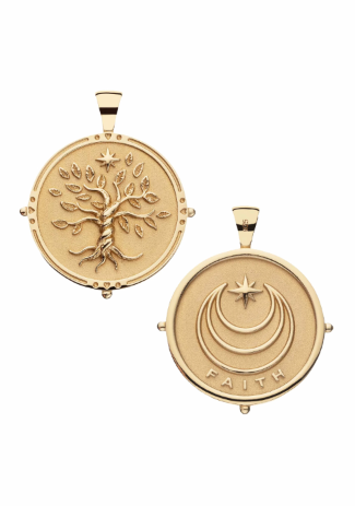 Two gold-toned oval religious medallion pendants on a plain white background. One pendant shows a raised tree of life design, and the other shows a crescent and star motif with the word FAITH engraved at the bottom.