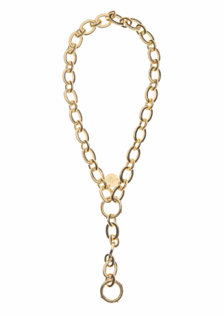 A gold chain necklace with a unique Y-shaped arrangement, featuring a central round charm, a short section of chain, and a long drop chain ending in a large ring, shown on a plain white background.