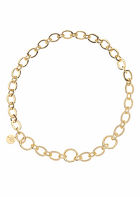 A gold chain necklace with oval links and a small round charm, displayed on a clean white background.