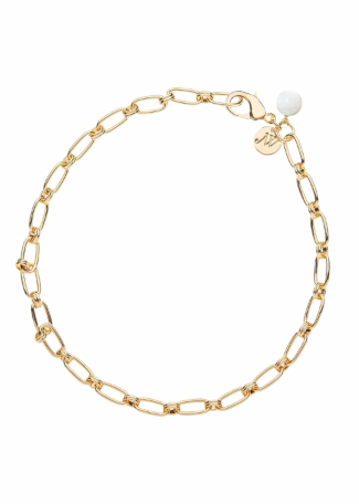 A gold paperclip chain link bracelet with a lobster clasp, a small round charm, and a white bead accent, displayed on a clean white background.