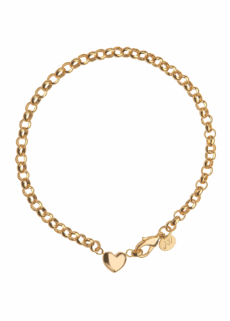 A gold chain bracelet with a small heart charm and a lobster clasp, displayed on a clean white background.