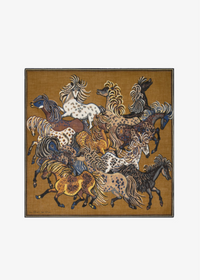 A square framed art print featuring a detailed illustration of a herd of horses in various colors, including brown, black, white, and yellow, set against a warm tan background.