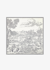 A square black and white line art print featuring a detailed landscape illustration with tropical foliage, mountains, and clouds, presented on a light gray background.