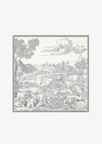 A square black and white line art print featuring a detailed landscape illustration with tropical foliage, mountains, and clouds, presented on a light gray background.