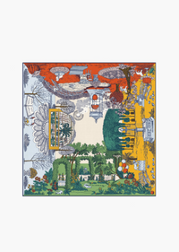 A square scarf featuring a highly detailed, colorful garden and architectural scene with red, green, yellow, blue, and white elements, shown flat against a solid white background.