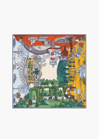 A square scarf featuring a highly detailed, colorful garden and architectural scene with red, green, yellow, blue, and white elements, shown flat against a solid white background.