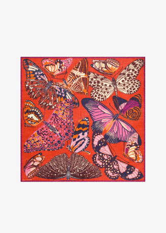 A square scarf featuring a vibrant collage of various butterfly and moth illustrations in pink, purple, orange, brown, and black on a bright red-orange background.